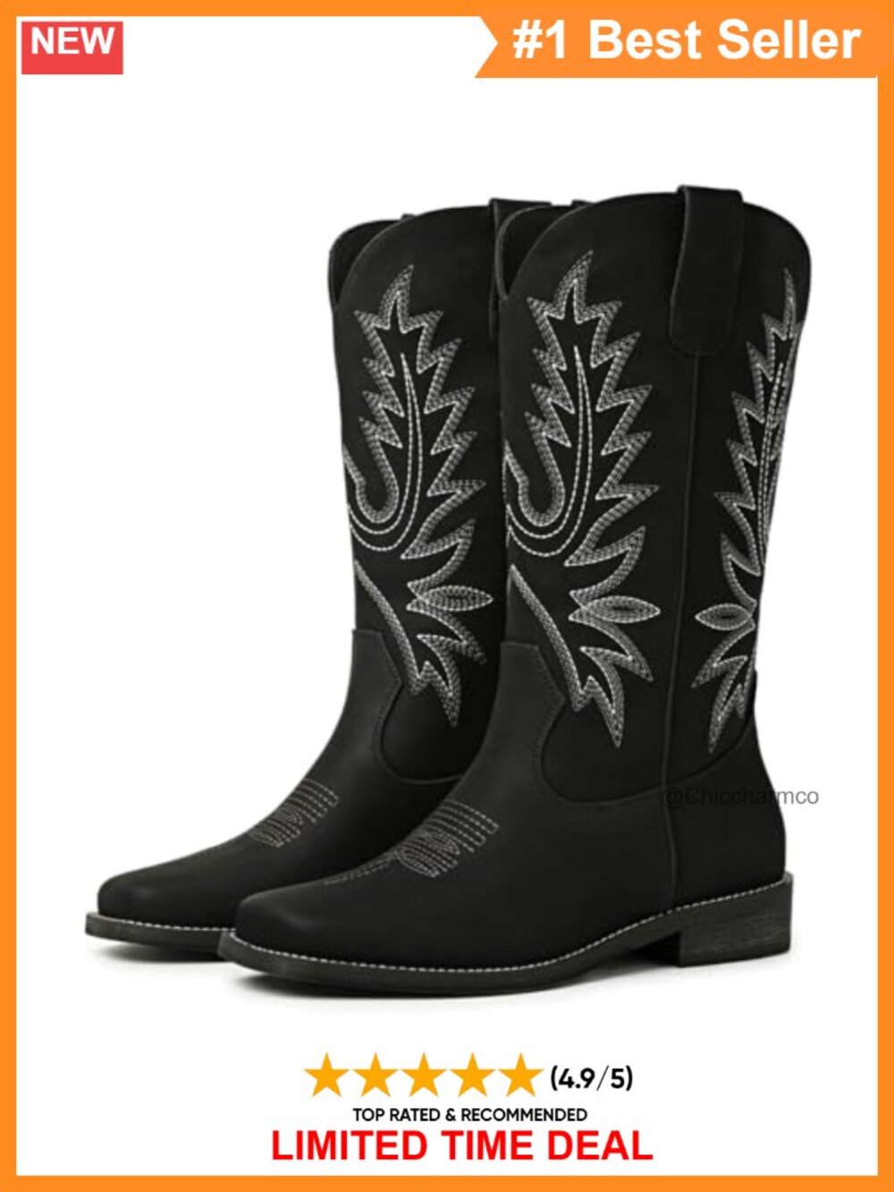 Faux Leather Western Cowboy Boots Square Toe Embroidered
